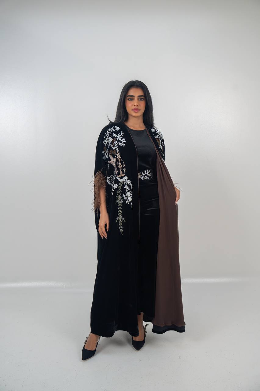 Velvet bisht and jumpsuit set in black with hand embellishment.C:6719
