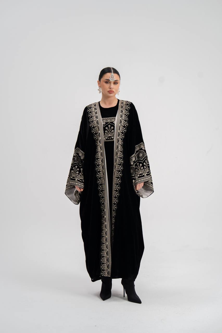 Black velvet abaya with embroidery. C:6744