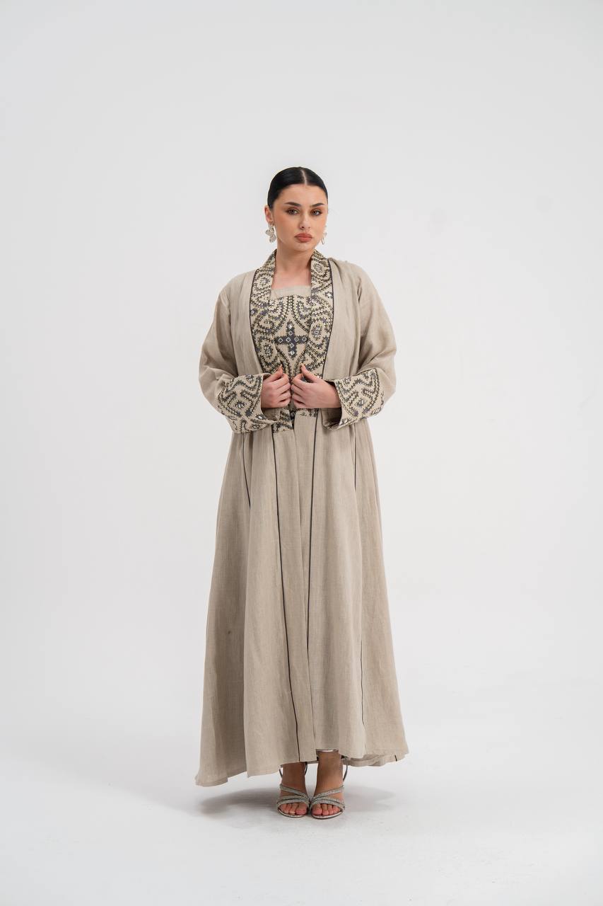 Abaya and dress set, linen with embroidery. C:6741