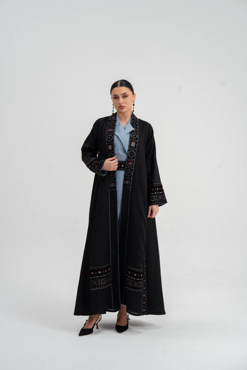 Linen abaya in black with embroidery.C:6746