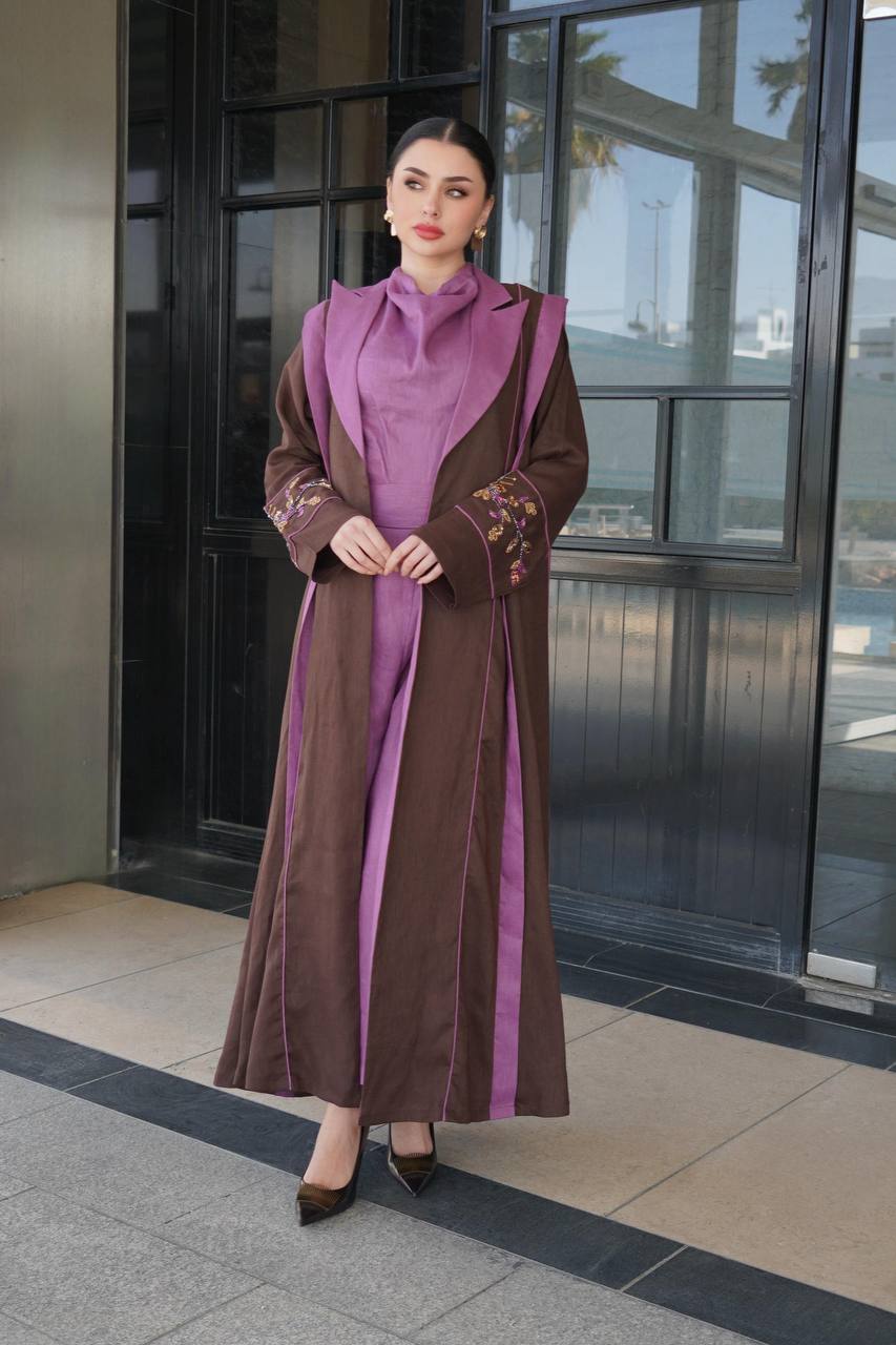 Brown linen blazer abaya with embellishments. C:6755