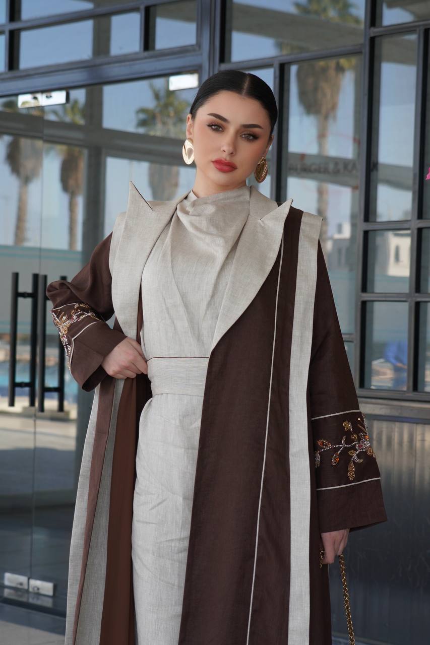 Brown linen blazer abaya with hand-stitched details. C:6755