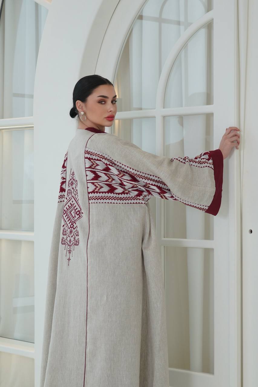 Beige linen abaya with embroidery. C:6757