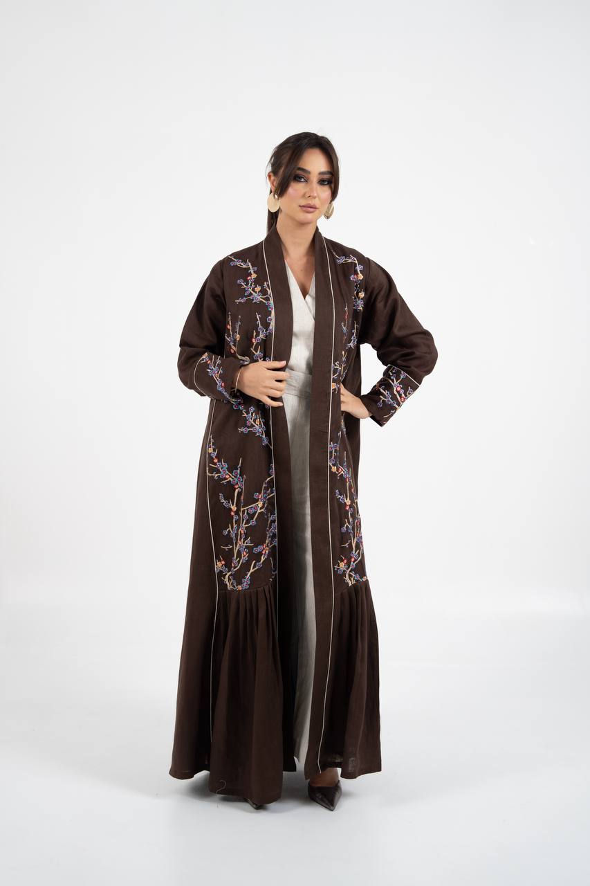 Linen abaya in brown with embroidery. C:6760