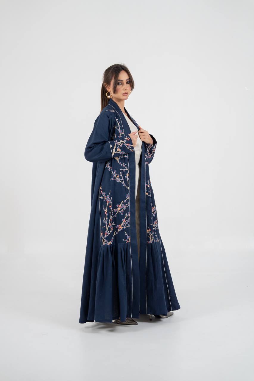 Linen abaya in navy blue with embroidery. C:6760 Blue