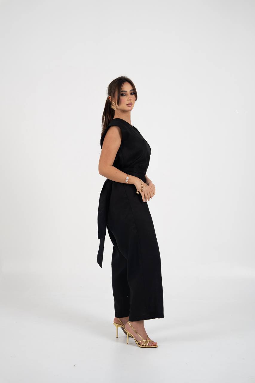 black linen jumpsuit. C:102 Black
