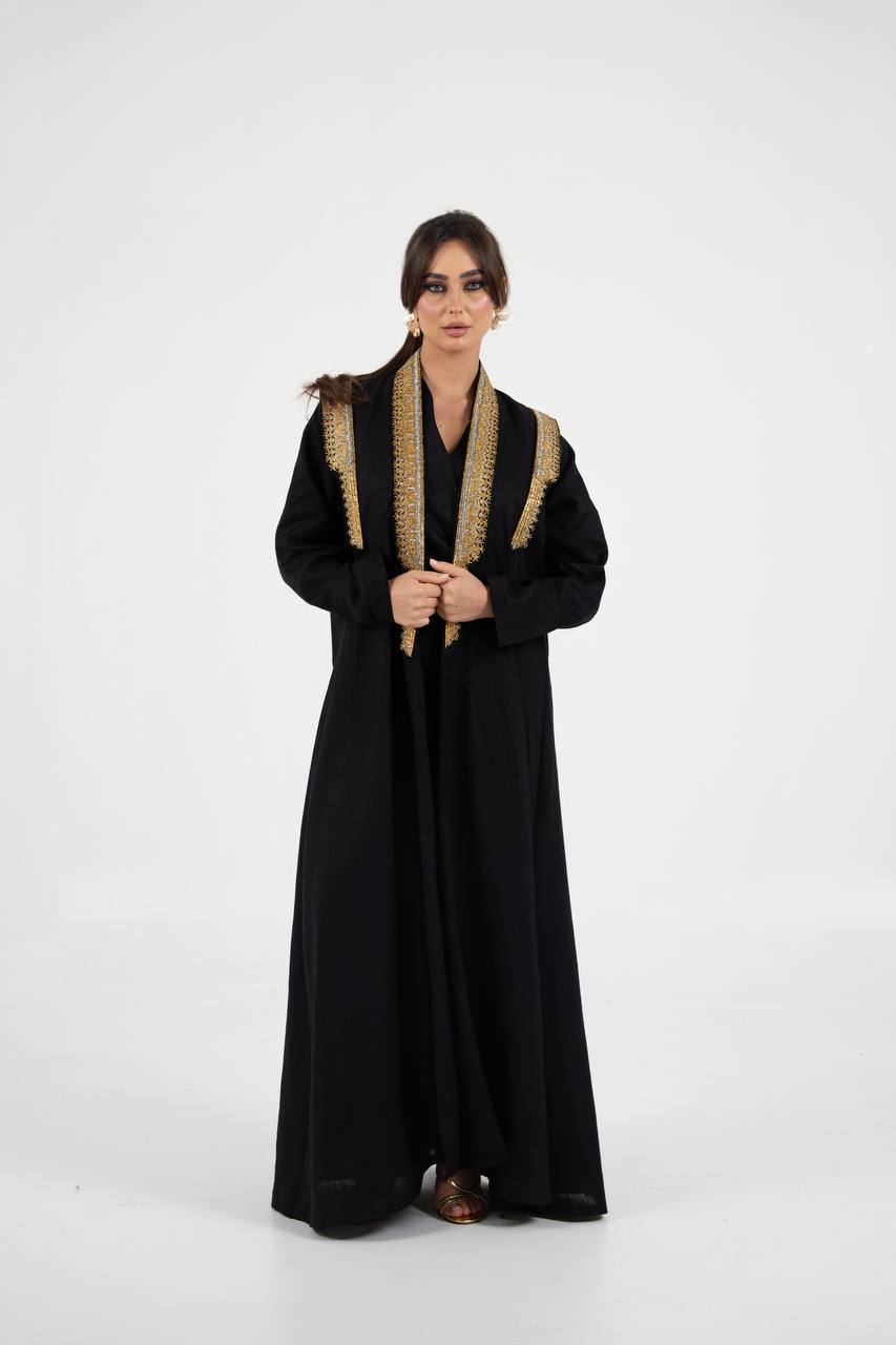 Linen abaya in black with embroidery. C:6762