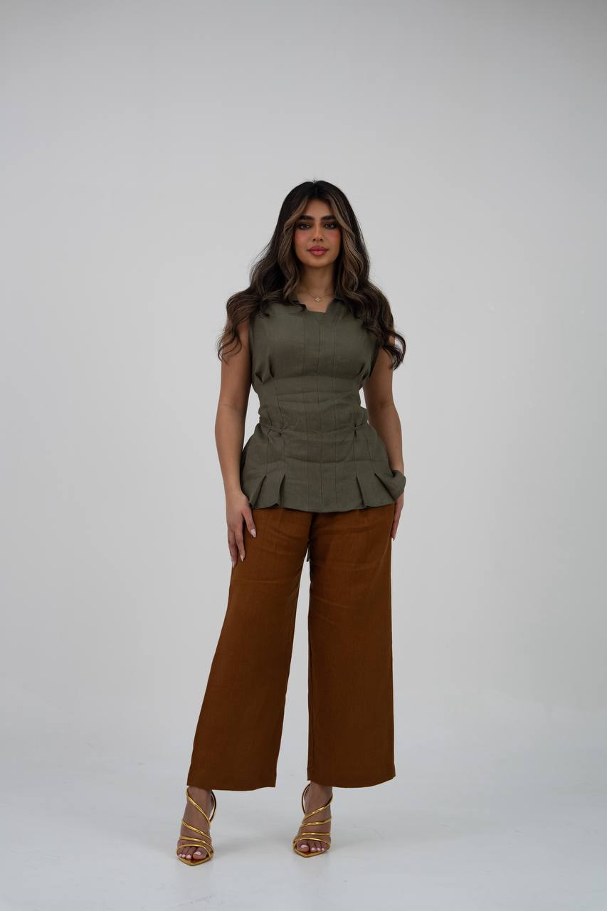 Linen blouse and pants set. C:229 Green/Camal