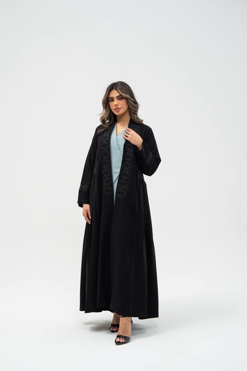 Black crepe abaya with hand-stitched details.C:6700 black crepe