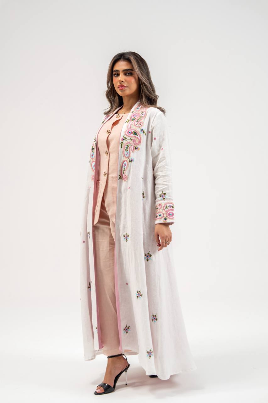 Linen abaya in white with embroidery . C:6772