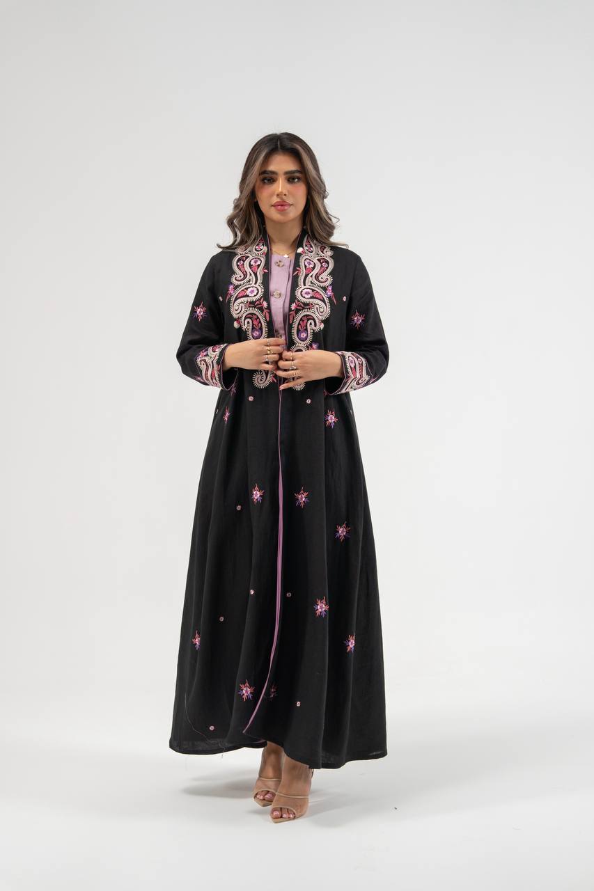 Linen abaya in black with embroidery. C:6772 Black