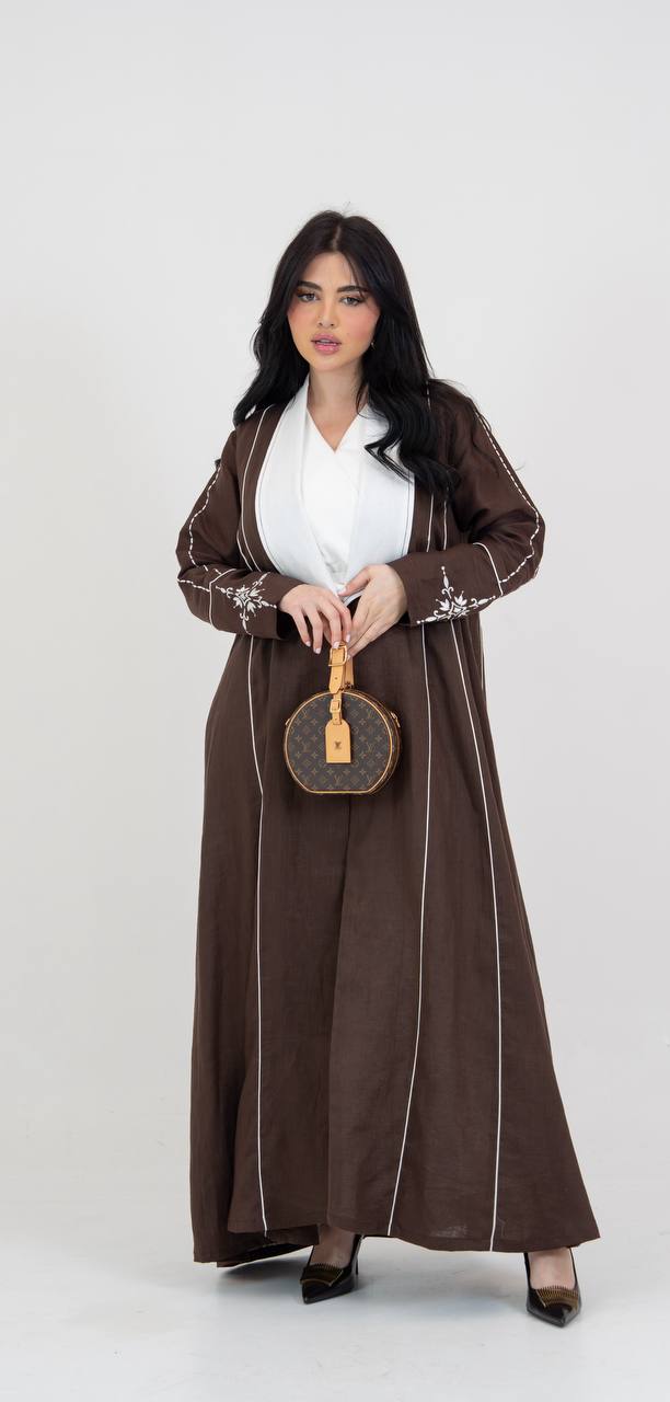 Linen abaya in brown with embroidery. C:6782