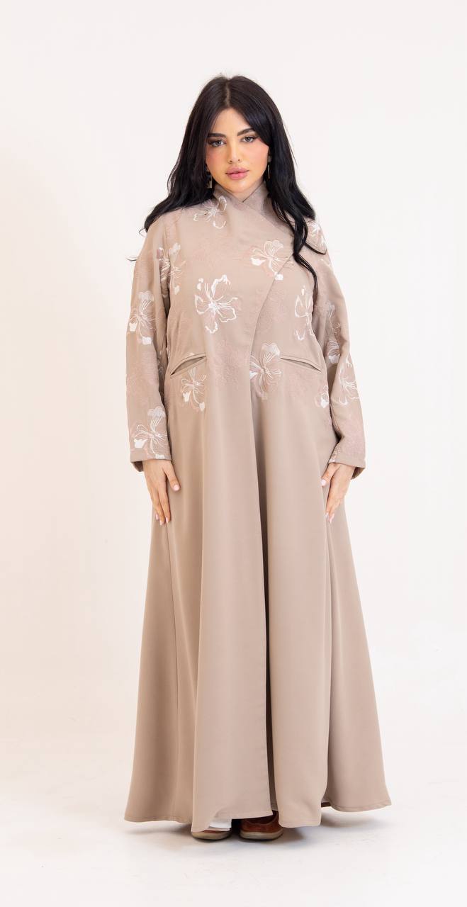 Beige crepe abaya with embroidery.C:6765