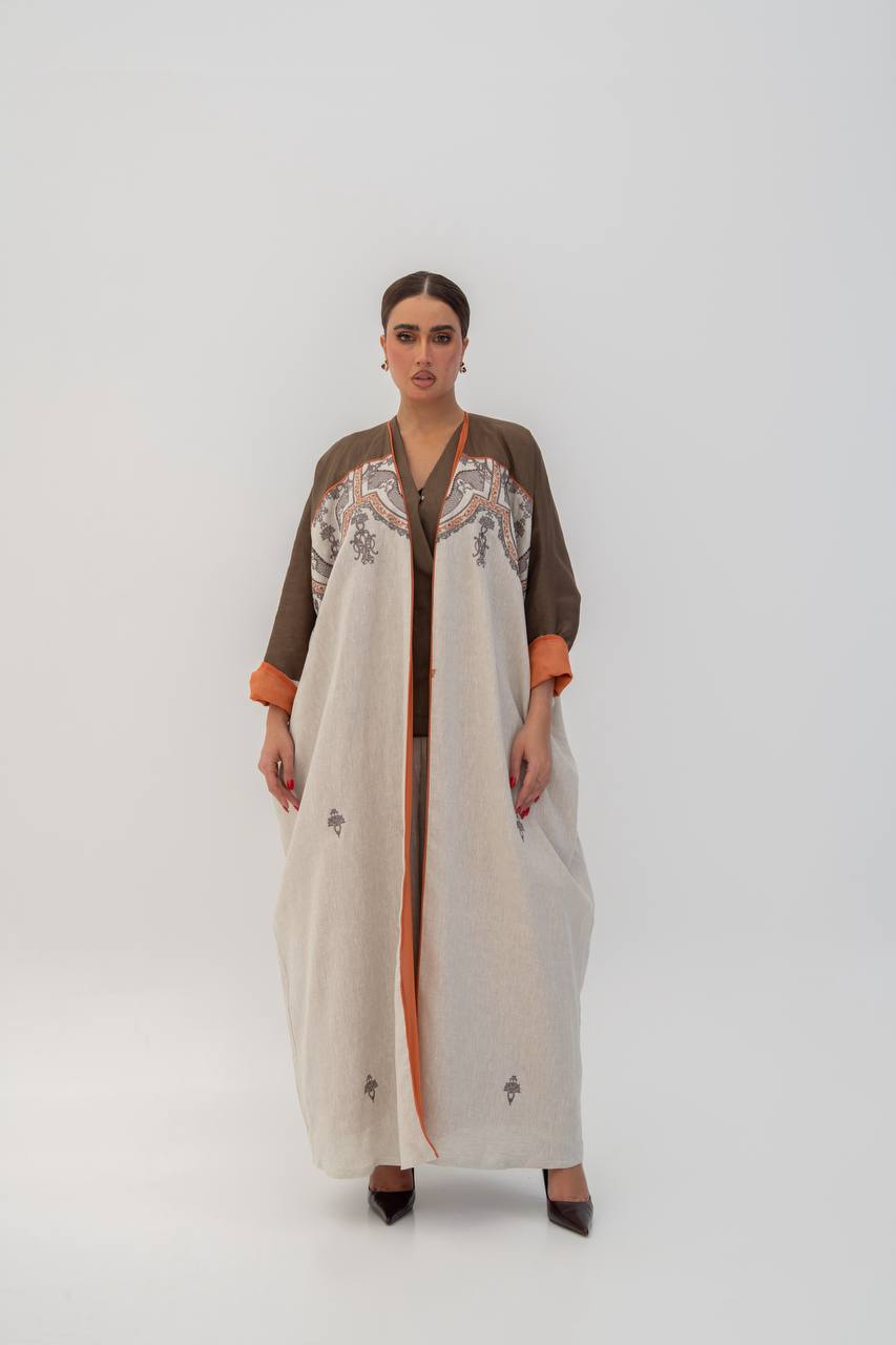 Beige linen abaya with embroidery. C:6785