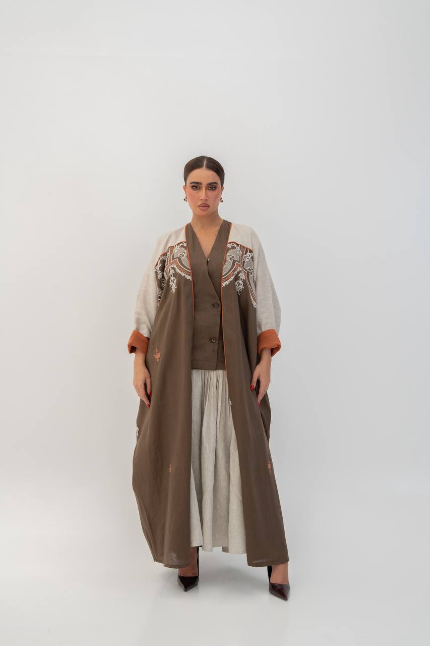 Brown linen abaya with embroidery. C:6785