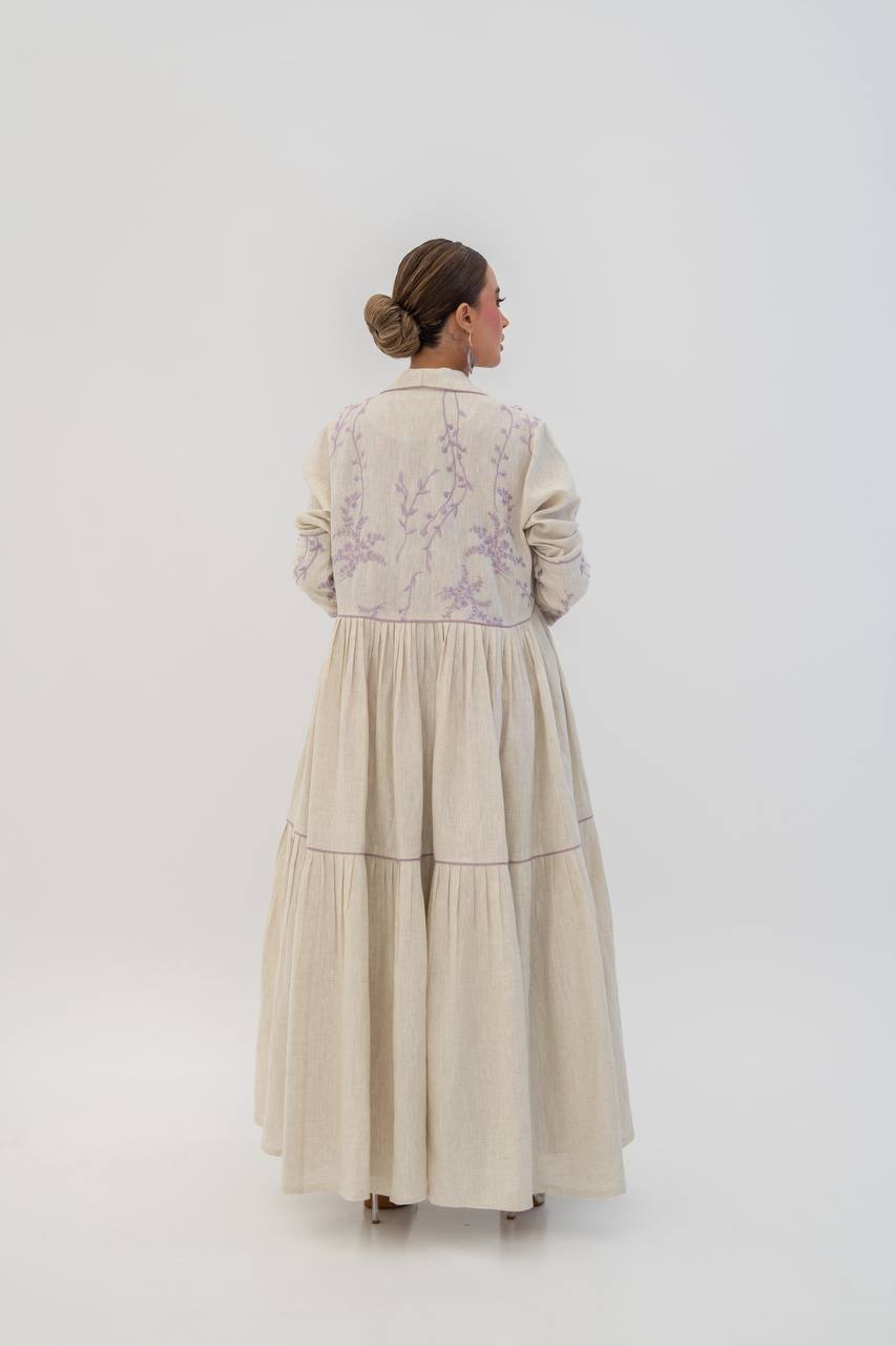 Beige linen abaya with embroidery. C:6786
