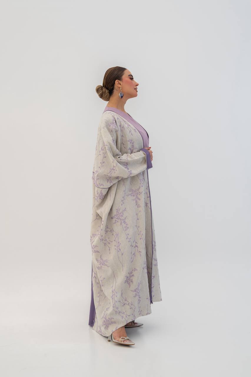 Beige linen abaya with embroidery. C:6784