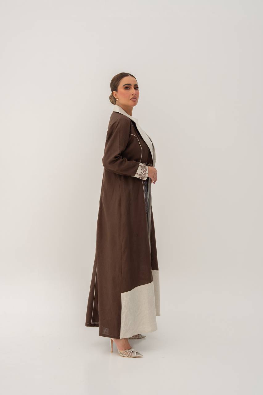 Linen abaya in brown with embroidery.C:6783 Brown