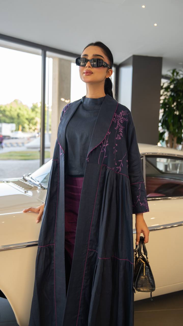 Linen abaya in navy blue with embroidery.C:6786