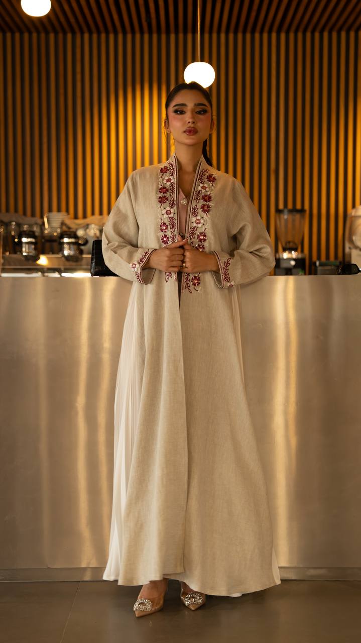 Linen abaya in beige with hand embroidery and beading. C:6791