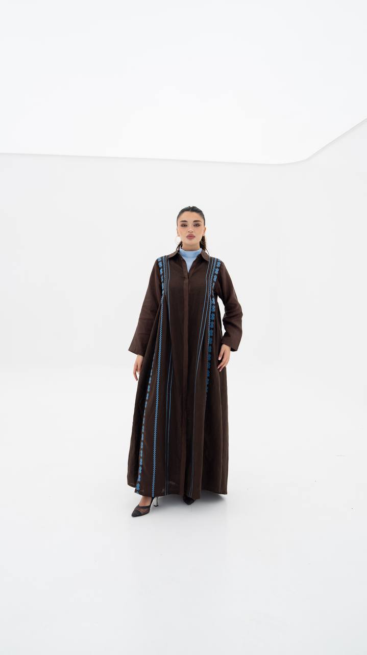Linen abaya in brown with embroidery.C:6683