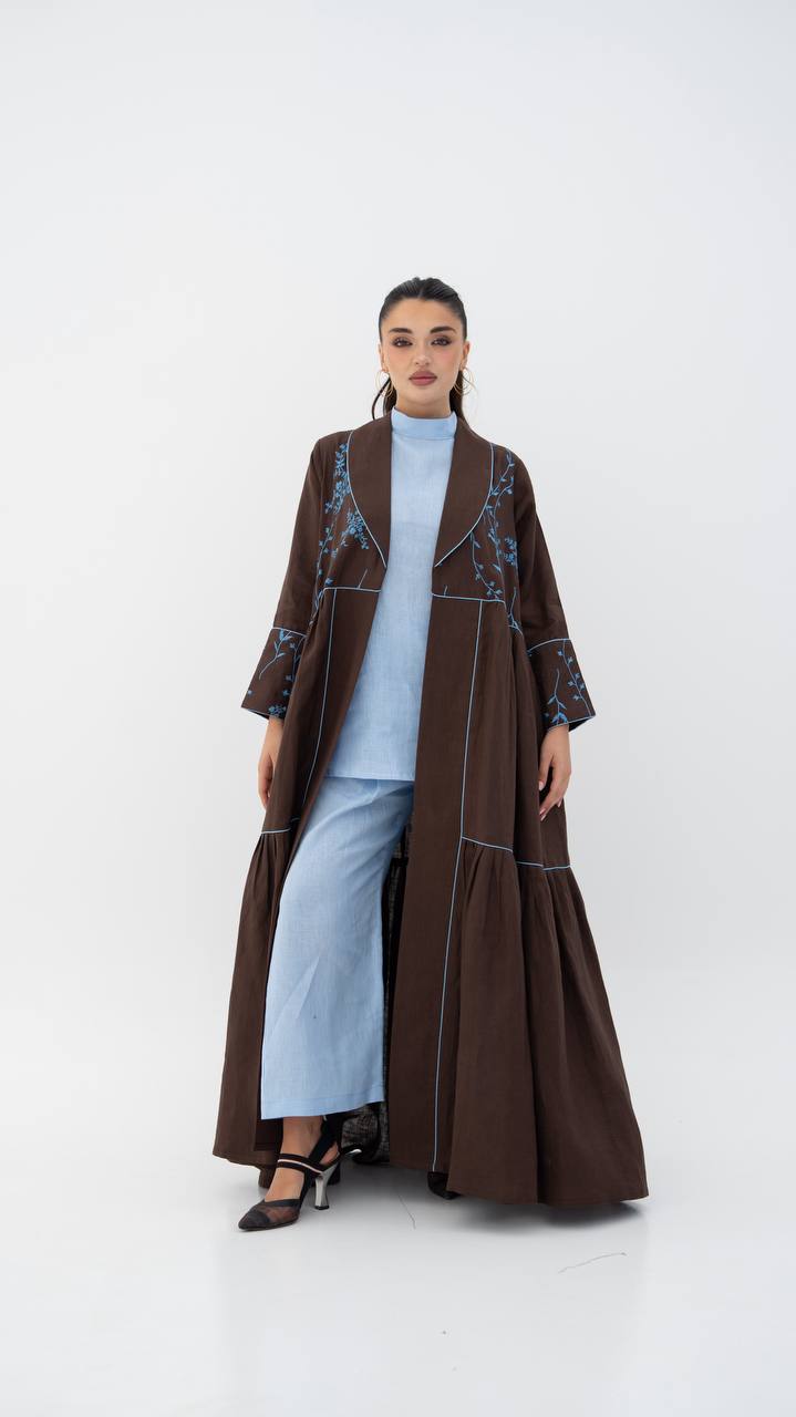 Beige linen abaya with embroidery.C:6786