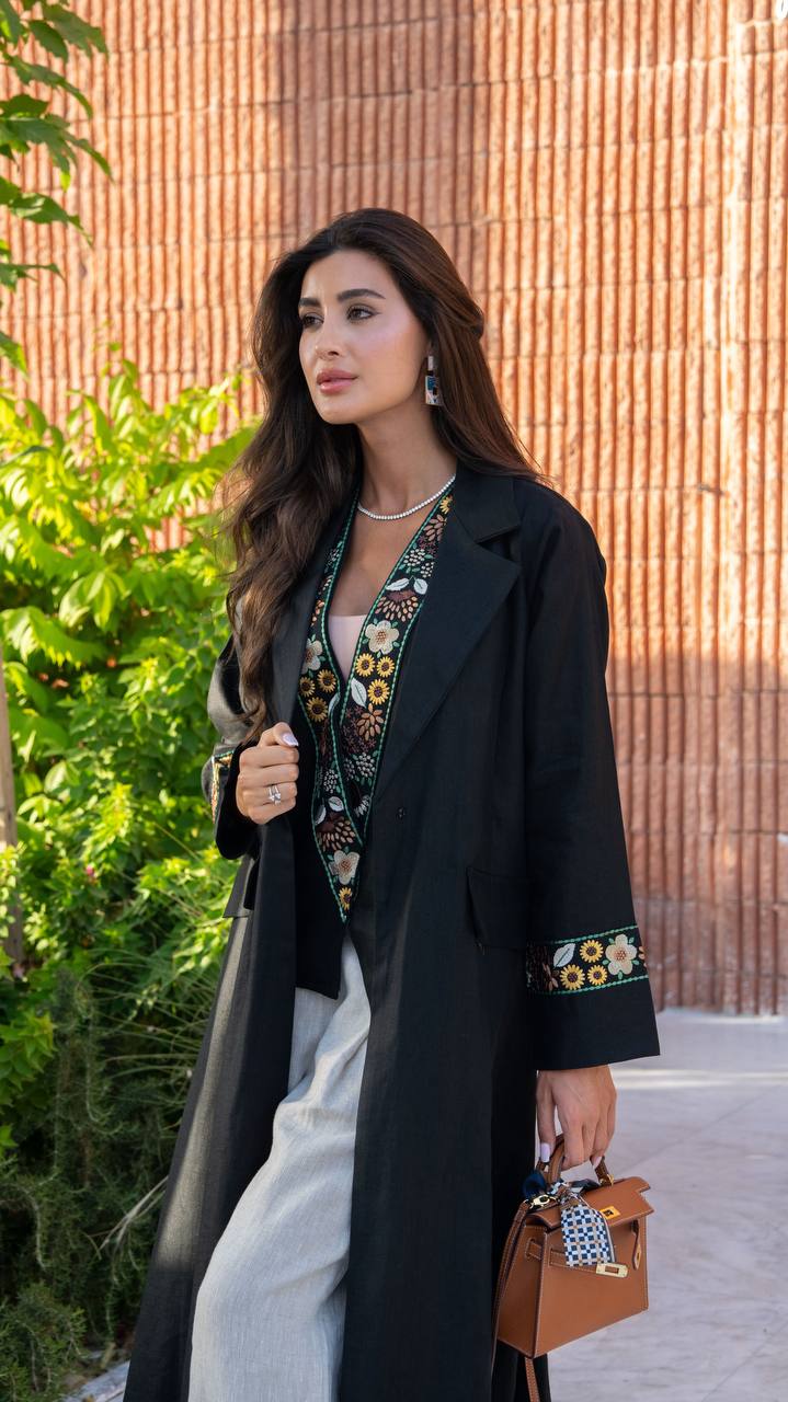 Black linen blazer abaya with embroidery. C:6792