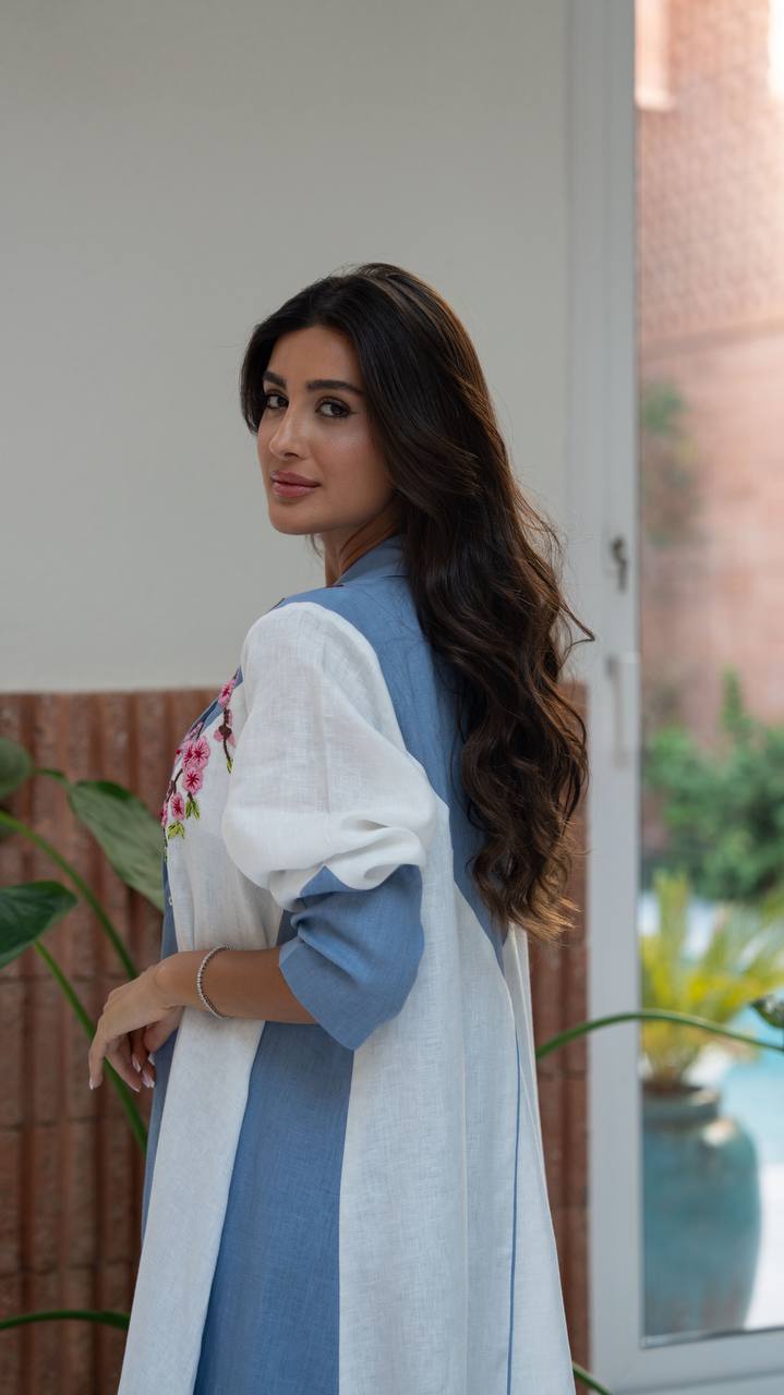 Blue and white linen blazer abaya with embroidery.C:6807