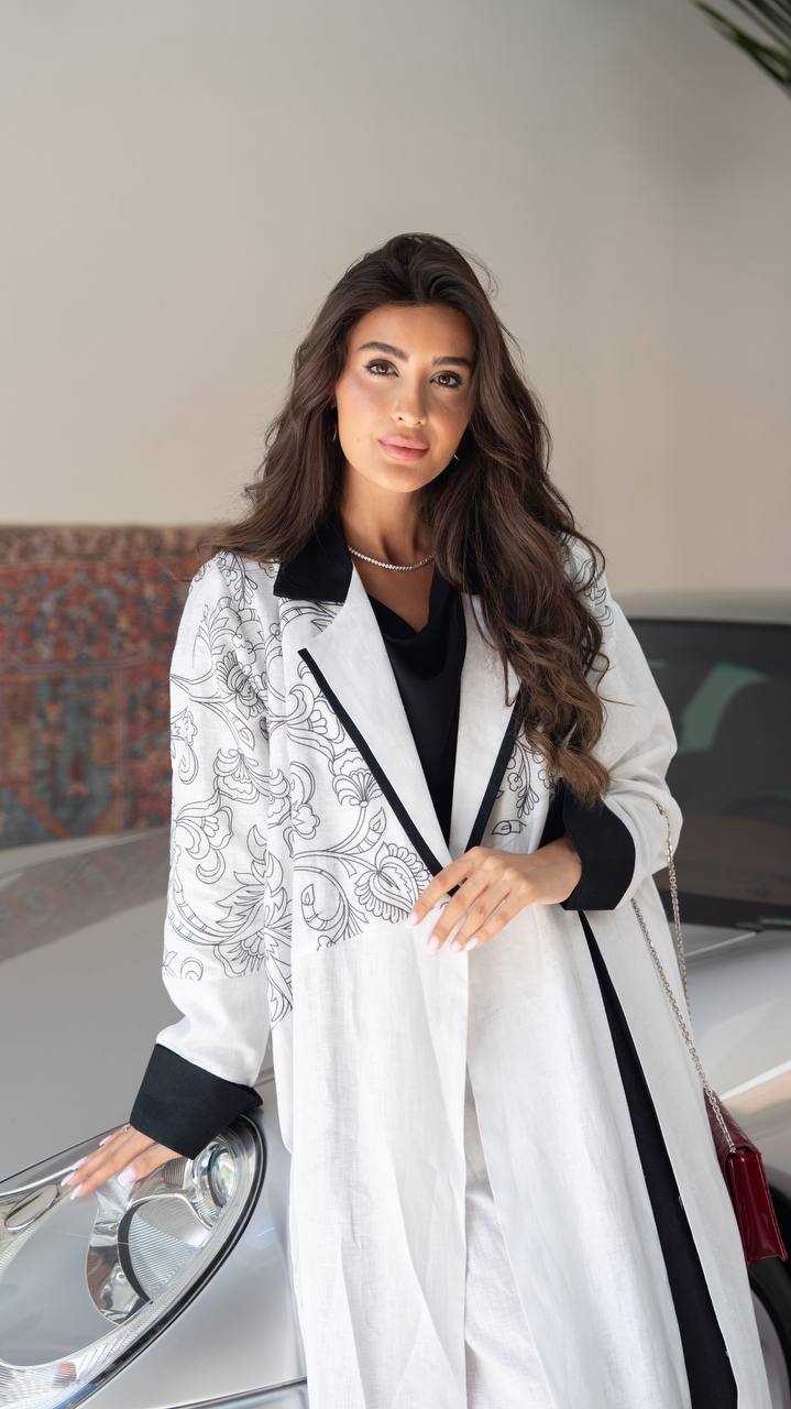 White linen blazer abaya with embroidery.C:6793
