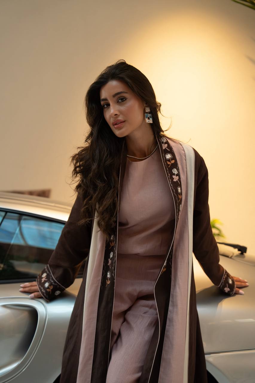 Linen abaya in brown with embroidery.C:6799