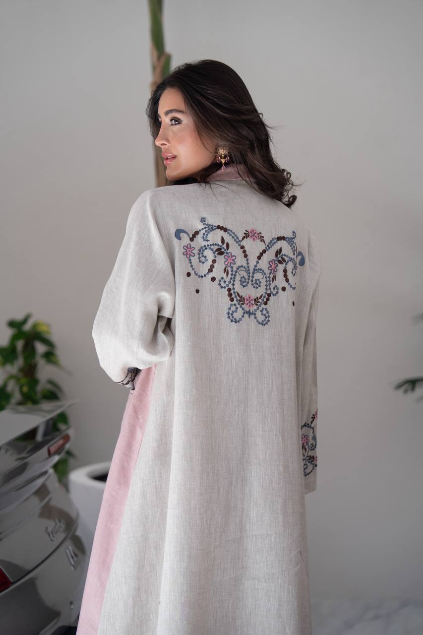 Beige linen blazer abaya with embroidery.C:6800
