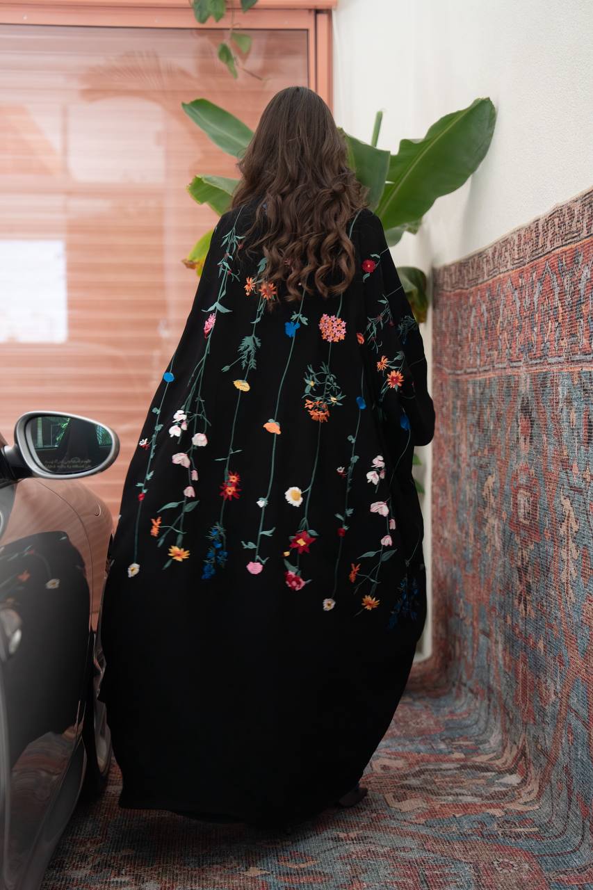Black linen abaya with embroidery.C:6802