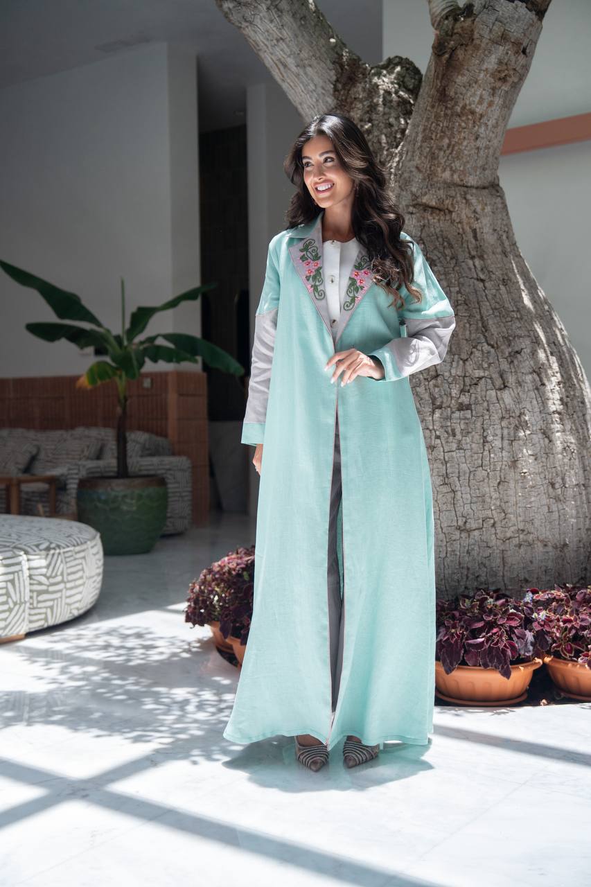 Turquoise linen blazer abaya with embroidery. C:6803