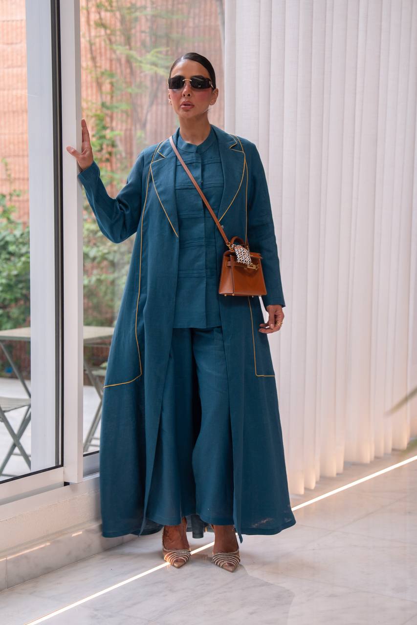 Turquoise linen abaya.C:6805