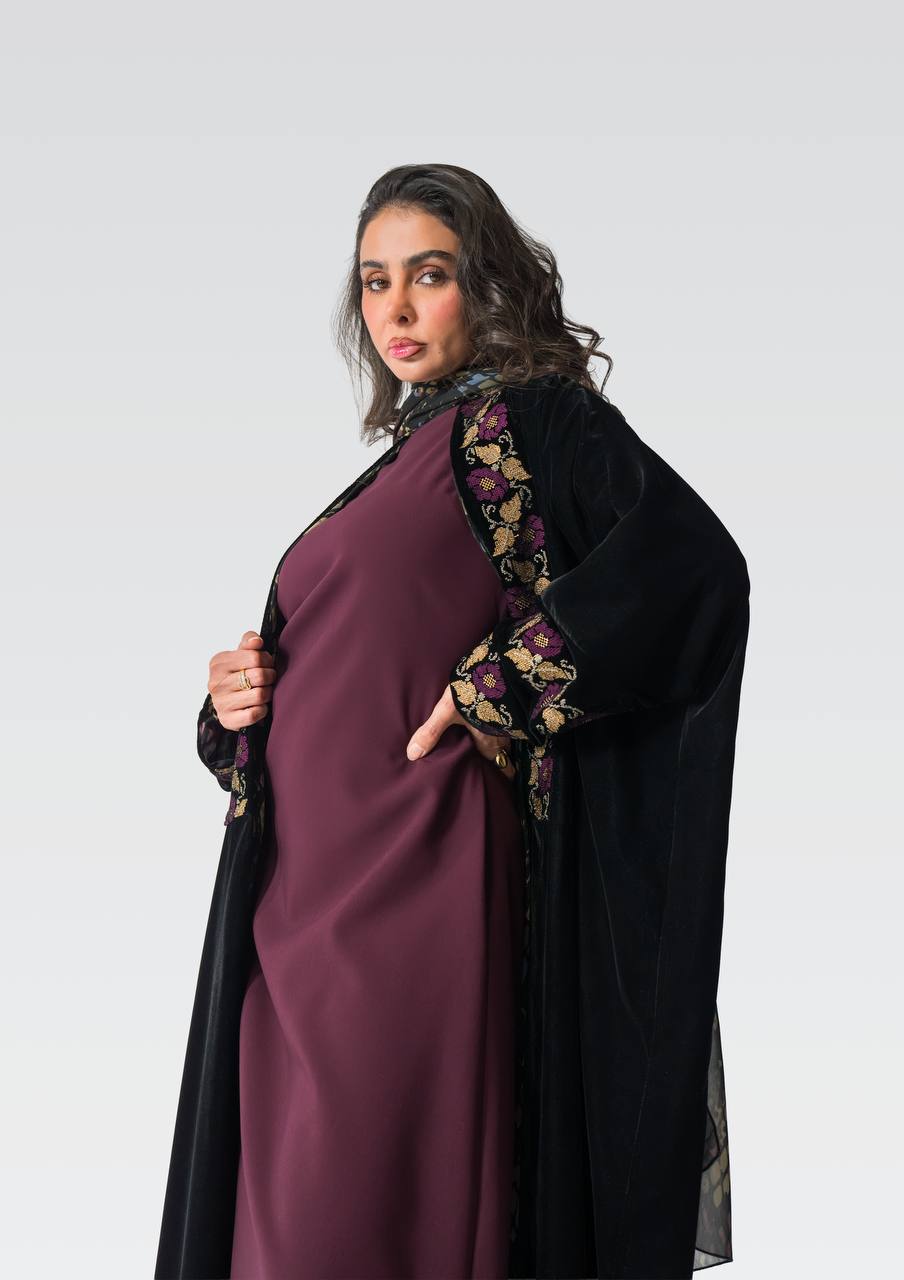 Black velvet bisht with embroidery.C:6833