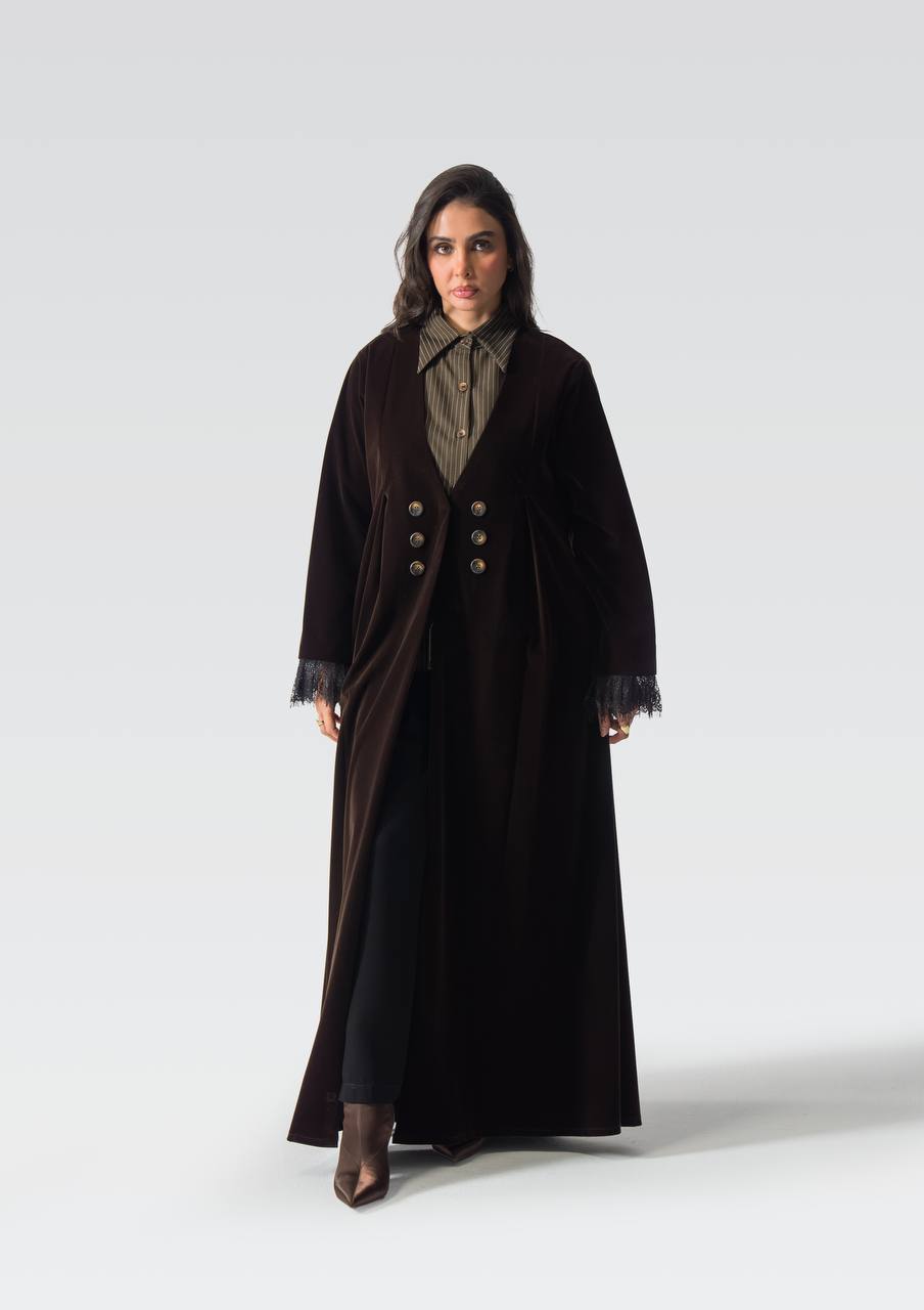 Velvet abaya with striped crepe and lace.C:6837
