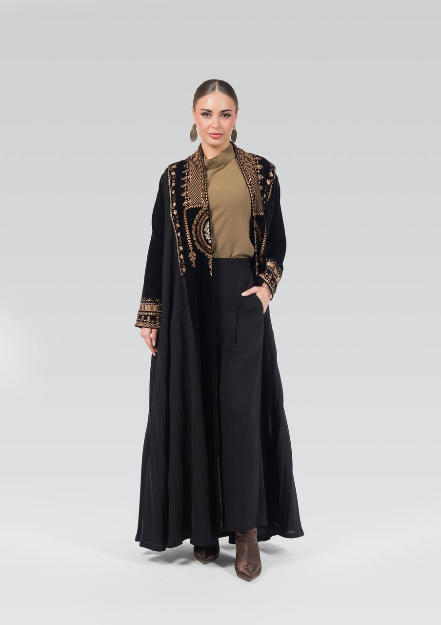 Velvet and crepe abaya with embroidery.C:6841 Brown
