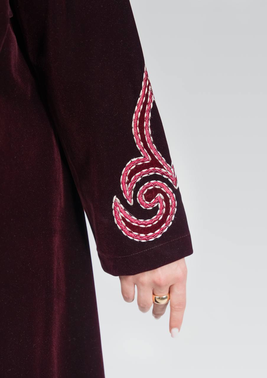 Burgundy velvet abaya with embroidery.C:6842