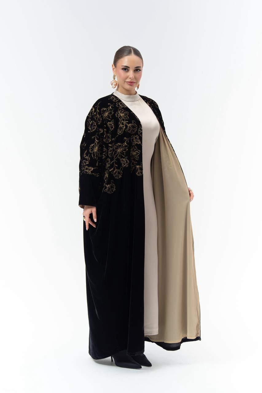 Black velvet Bisht-style abaya with embroidery.C:6843