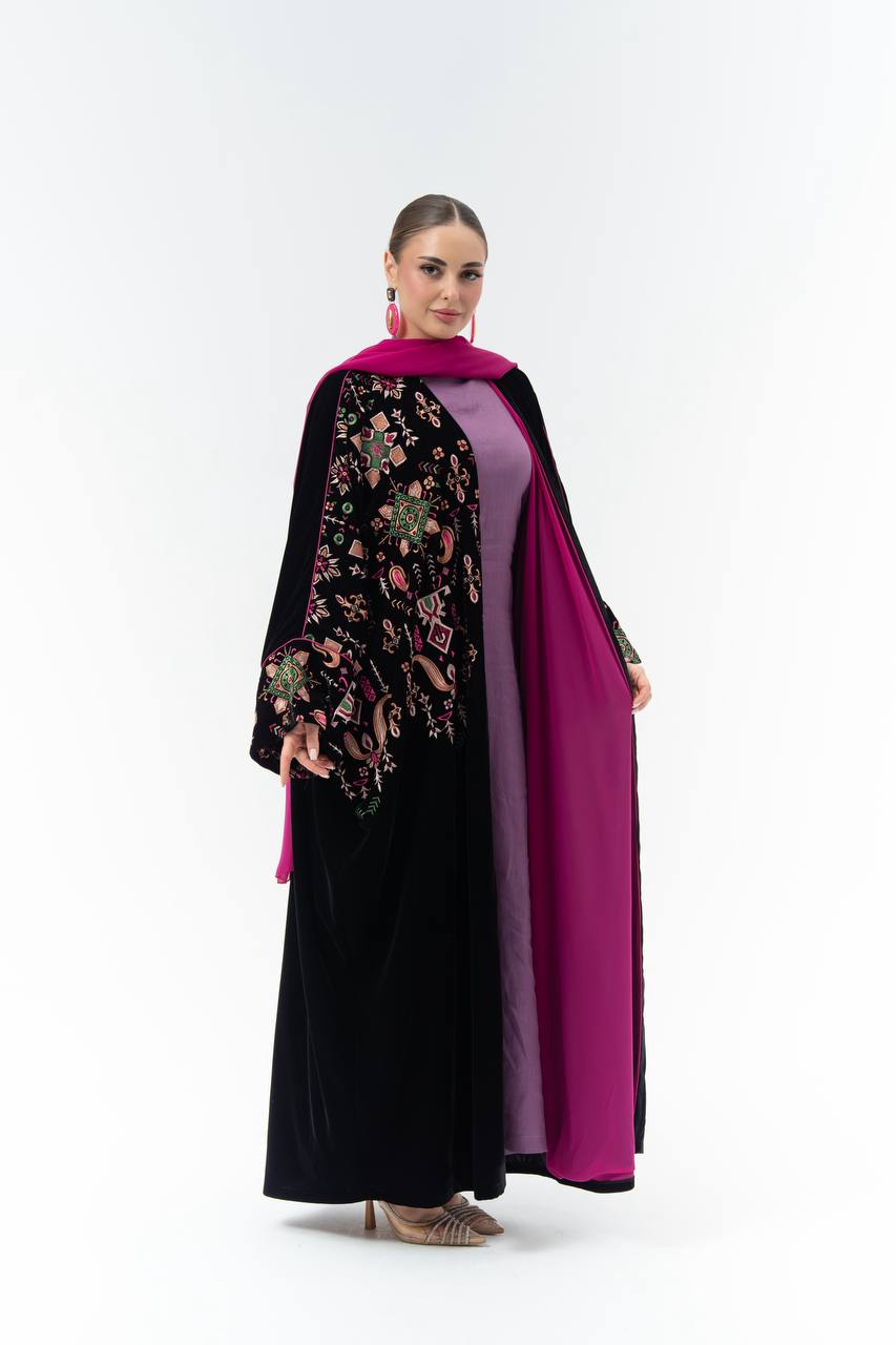 Black velvet bisht with embroidery.C:6844