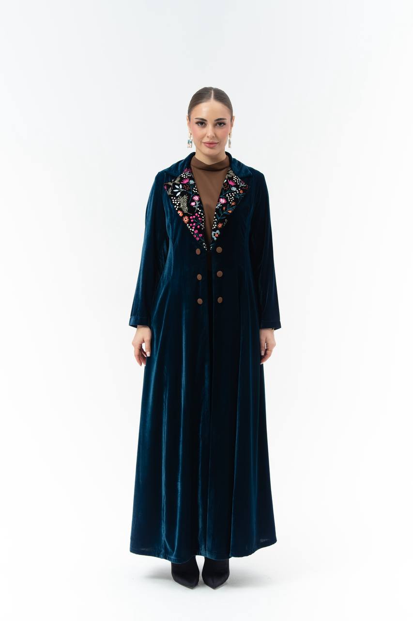 Navy blue velvet abaya with embroidery.C:6845 Blue