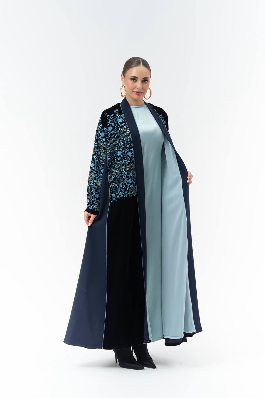 Embroidered velvet and crepe abaya.C:6835Blue