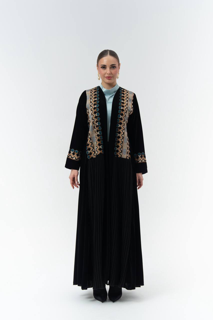 Black velvet abaya with embroidery.C:6846