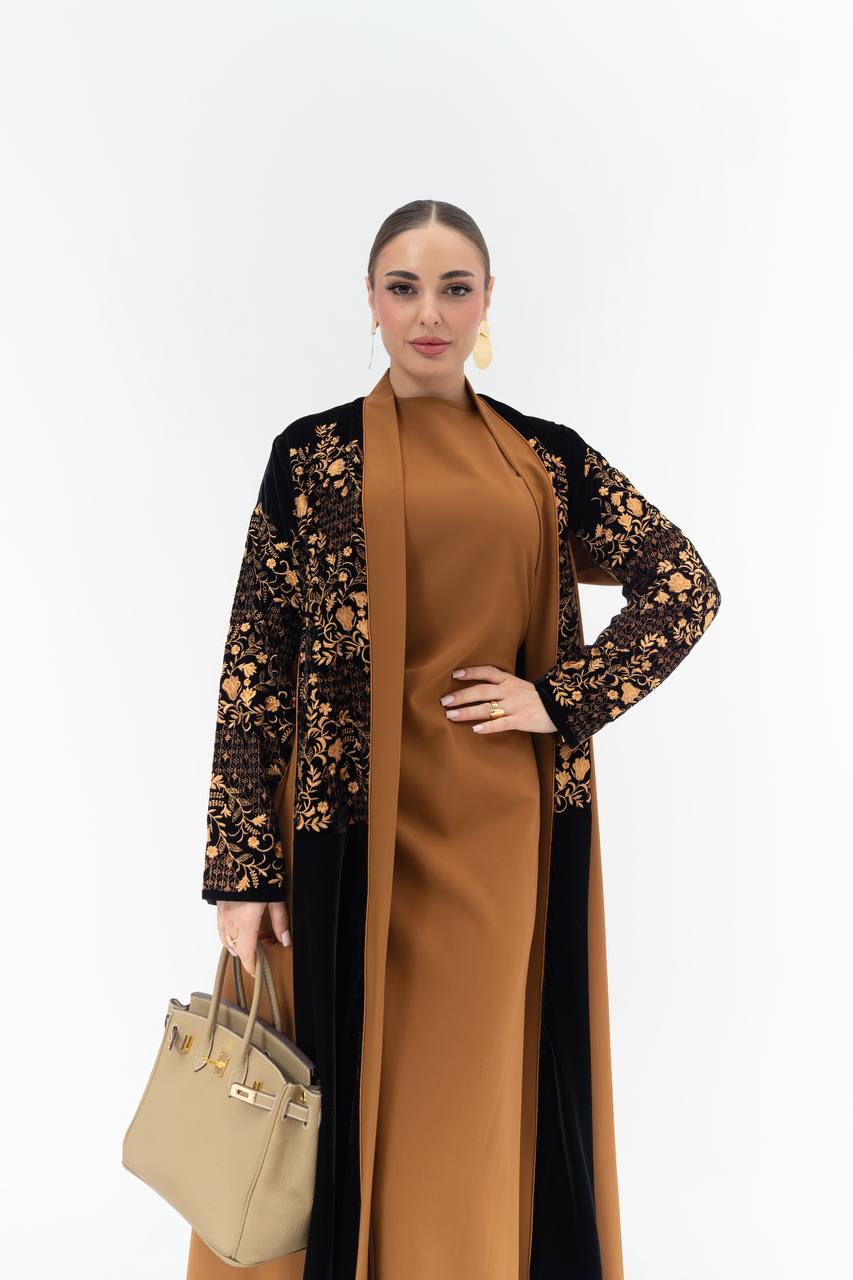 Embroidered velvet and crepe abaya.C:6835 Orange