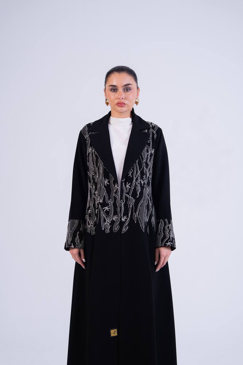 Black crepe abaya with embroidery.C: 6840crepe
