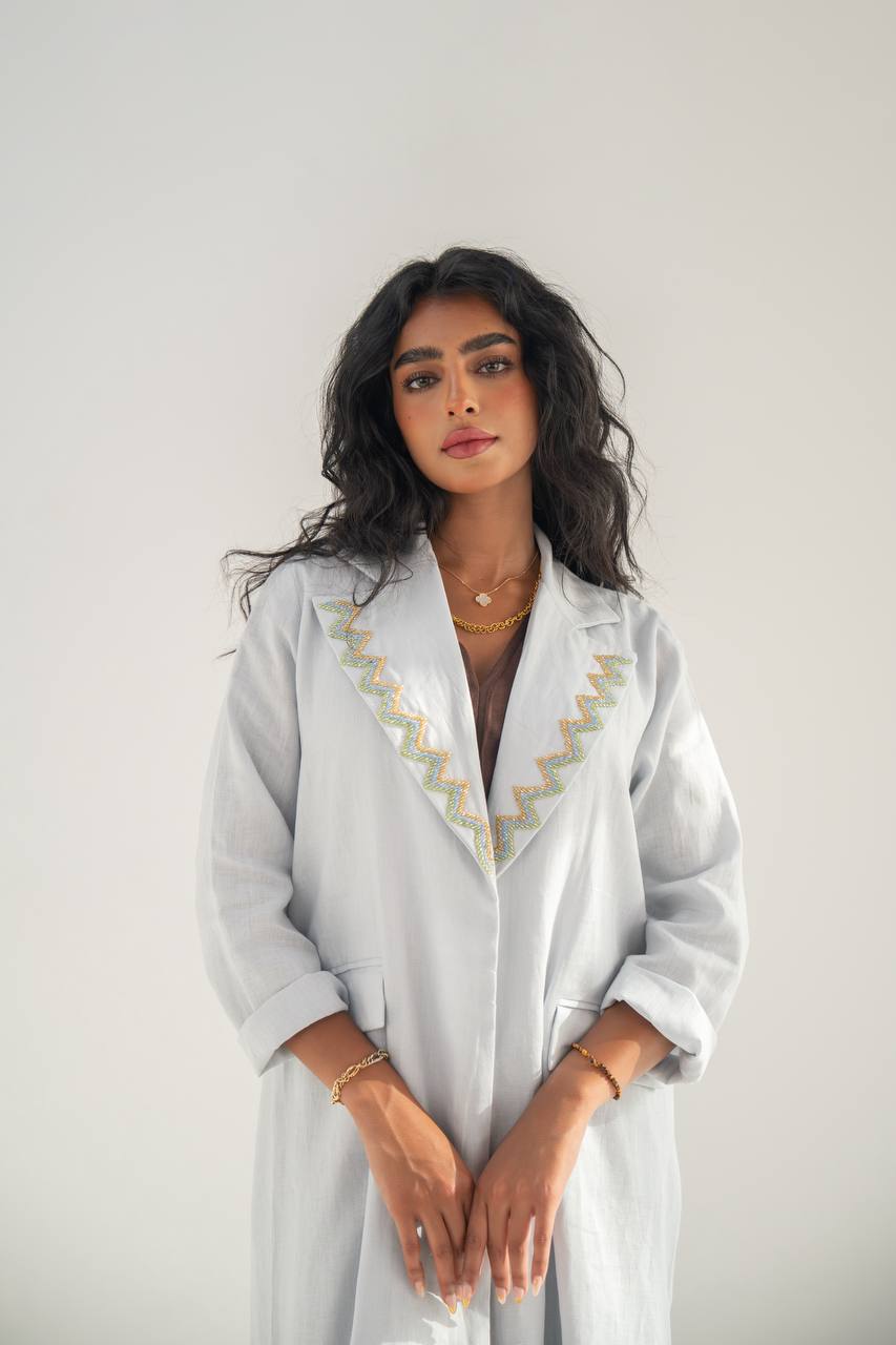 Linen blazer abaya, sky blue with hand embroidery C:6651