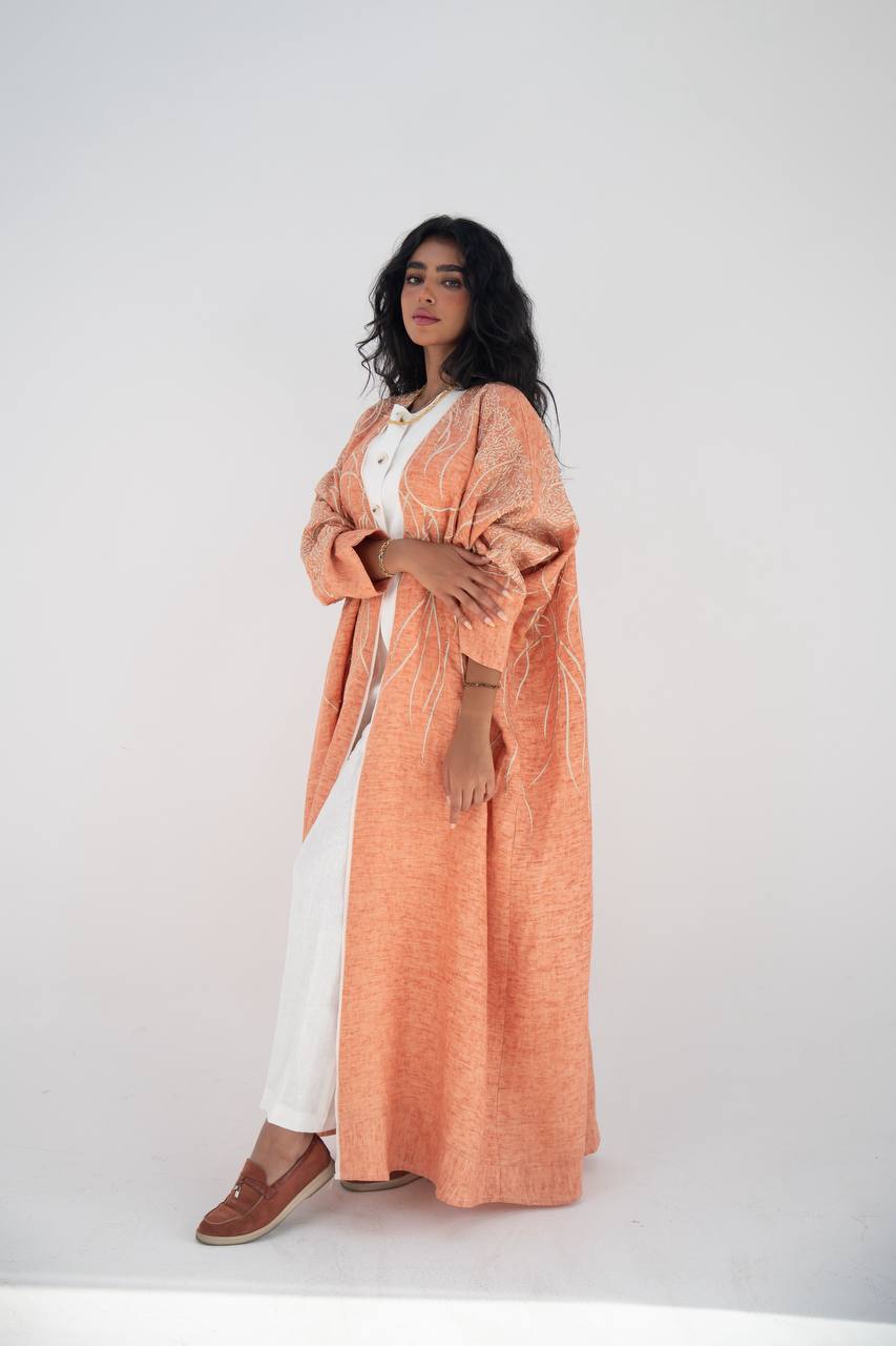 Orange linen bisht abaya with embroidery C:6648