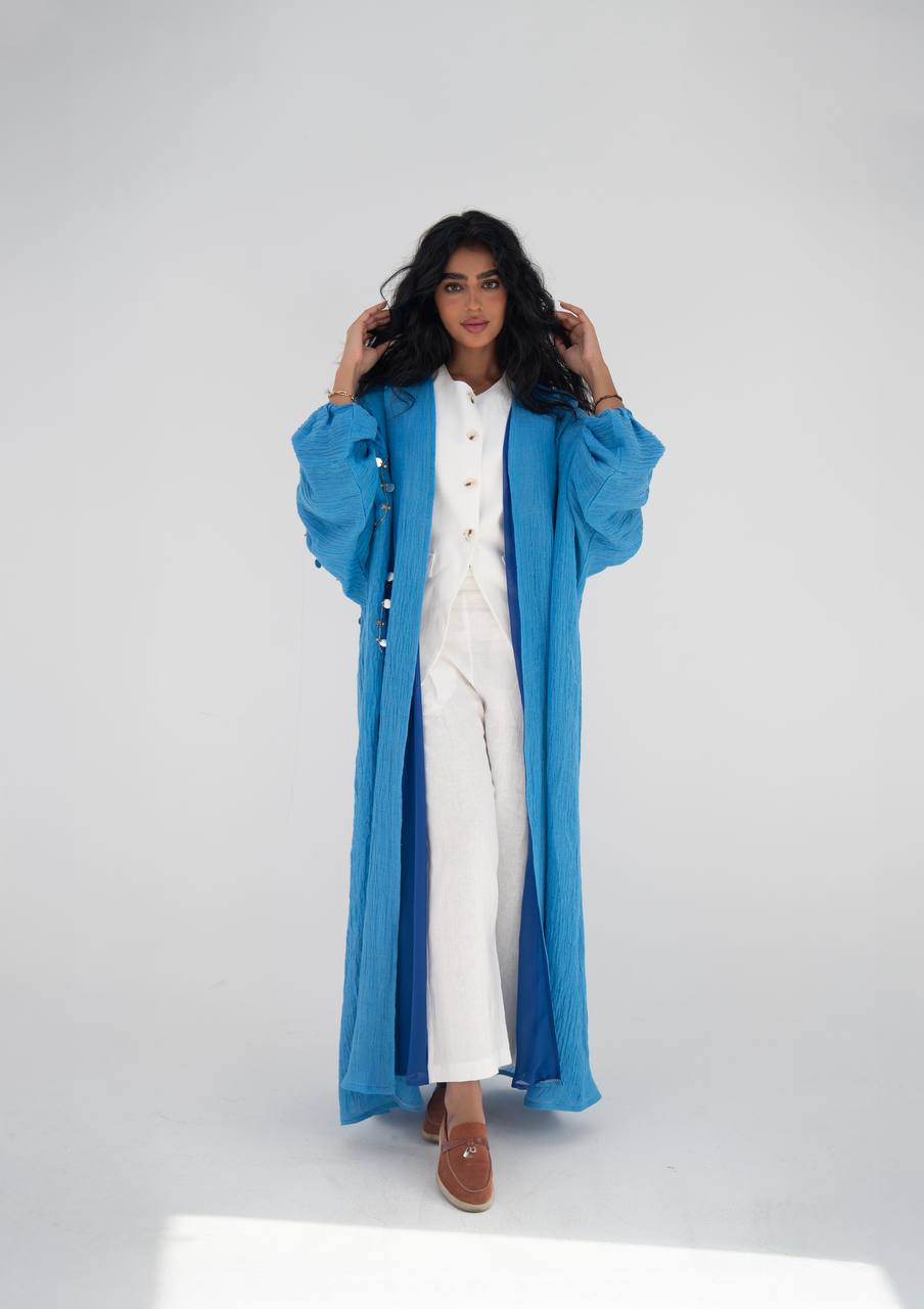 Blue linen abaya with hand embroidery C:6647