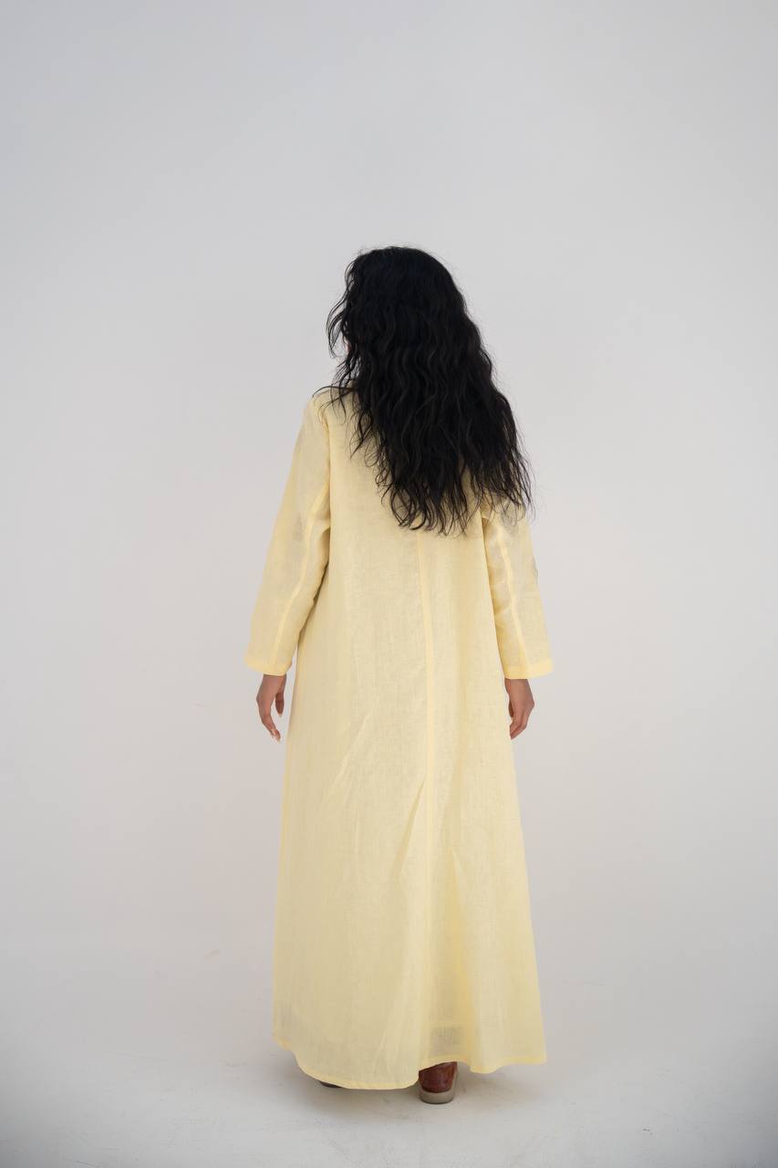 Butter yellow linen blazer abaya with hand embroidery C:6646