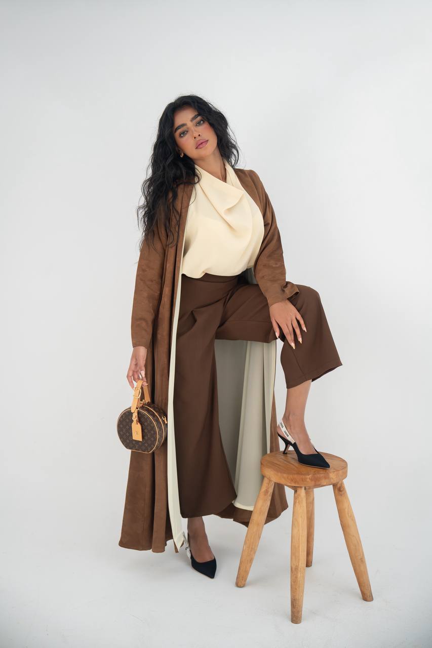Honey-colored crepe jacquard abaya C:6645 Brown